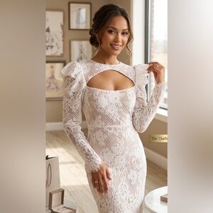 New! NAKED WARDROBE White and Nude Lace Long Sleeve Midi Dress